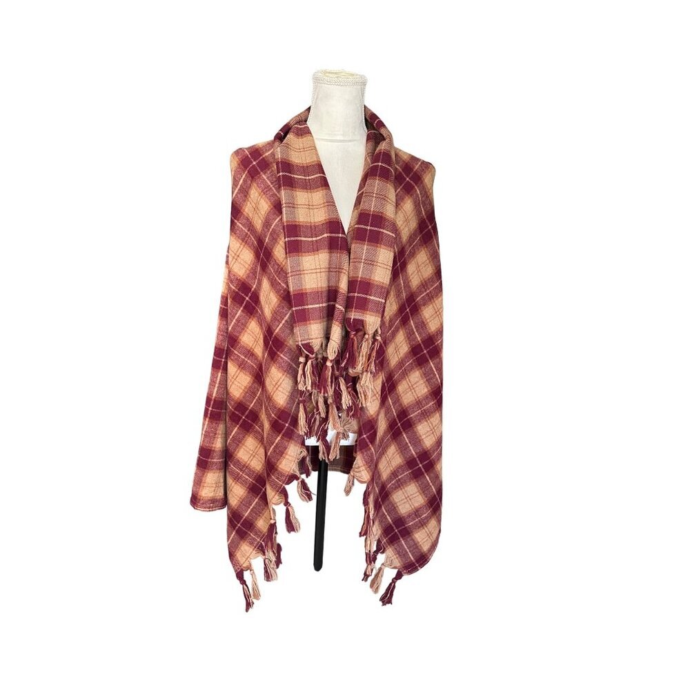 Entro Plaid Fringe Poncho Shawl Red Beige Sleeveless Vest Boho Western Size S